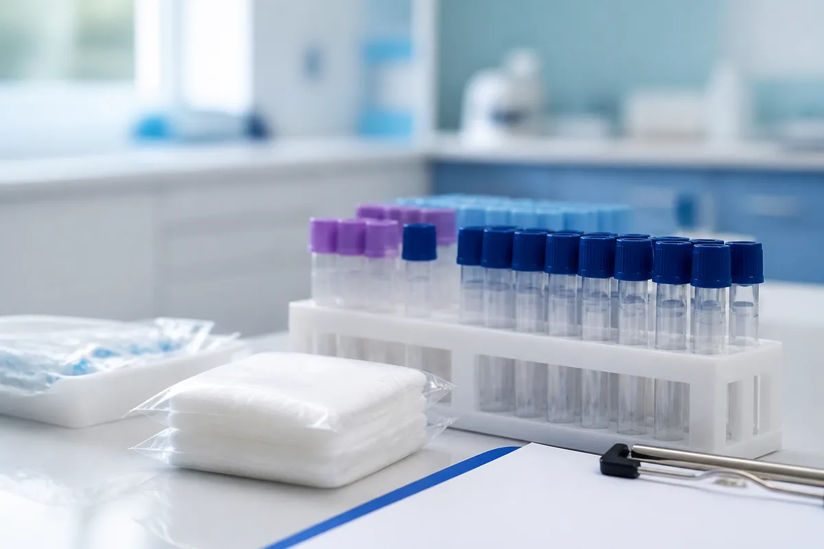 Materiais organizados para coleta de exames laboratoriais